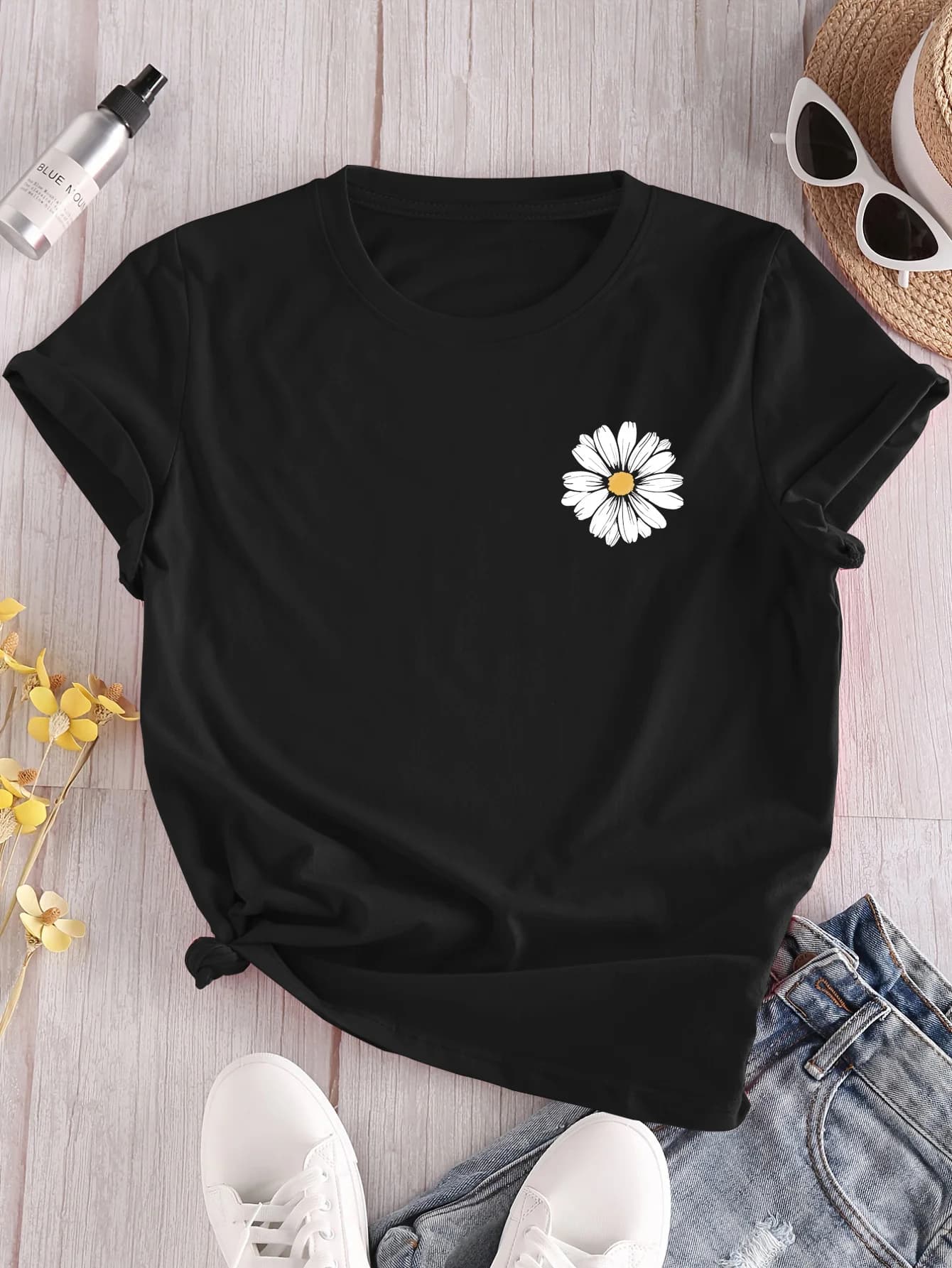 T-shirt girocollo casual da donna con stampa margherita Harajuku manica corta abbigliamento casual da donna Street Top Tee vestiti estetici