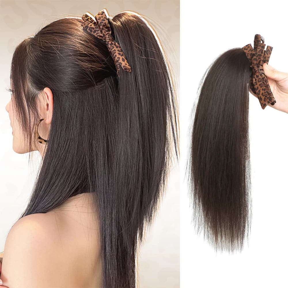 Fermaglio a pinza con fiocco stampa leopardo per coda di cavallo alta, capelli sintetici resistenti al calore, accessori per capelli da donna per uso quotidiano