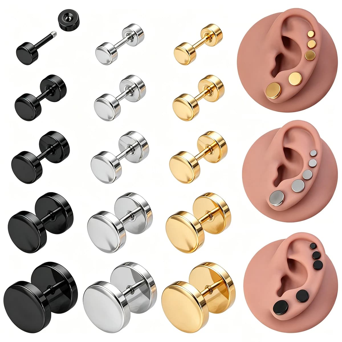 5Pcs Fake Ear Gauges Expander Plugs Cartialge Tragus Daith Stud Earrings Surgical Steel Flat Round Illusion Piercing Jewelry 18G