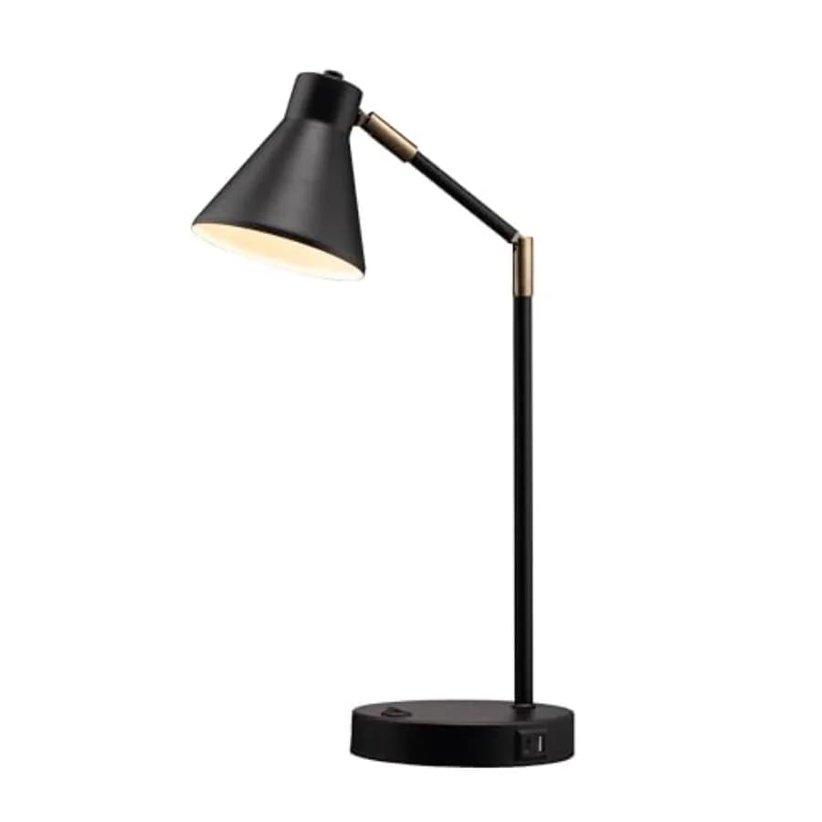 Astrum - Lampada da Scrivania LED con Doppie Porte USB per Ricarica, in Metallo, Bracci Girevoli a 270 Gradi, Luce Soffusa 3000K, per Comodino e Ufficio Domestico