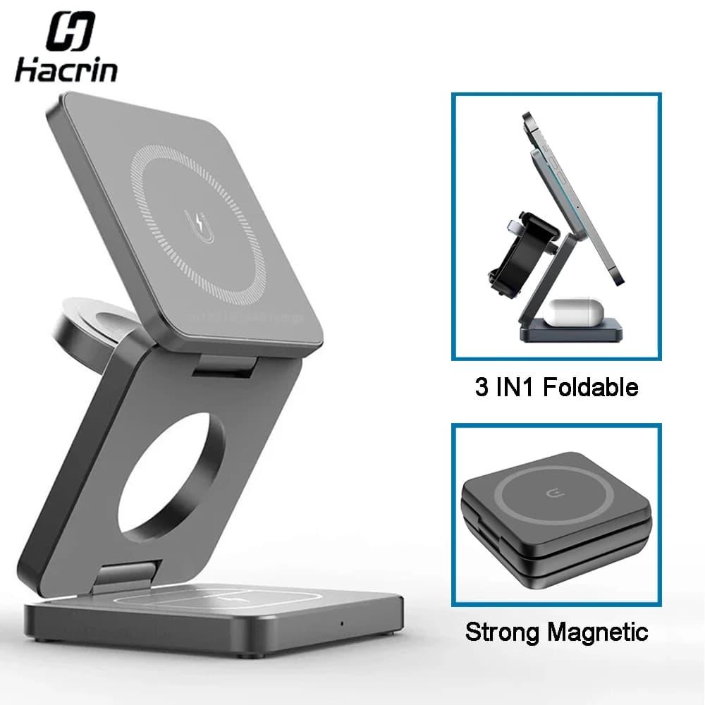 Wireless Charger Foldable Magnetic Wireless Charging Station 3 in 1 for iPhone 15 14 13 12 Pro Max Apple Watch 8 9 Charger