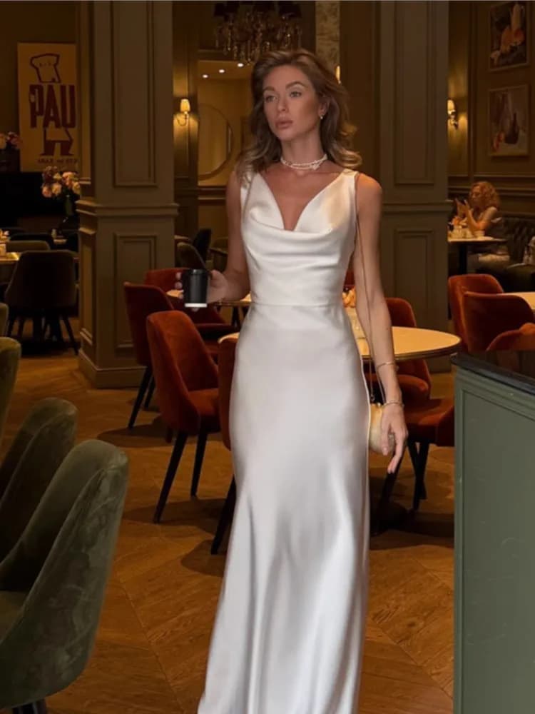 Abiti per donna Abiti tinta unita Abito da sera lungo senza schienale sexy Elegante scollo a V Abito con cinturino per spaghetti Temperamento per le vacanze