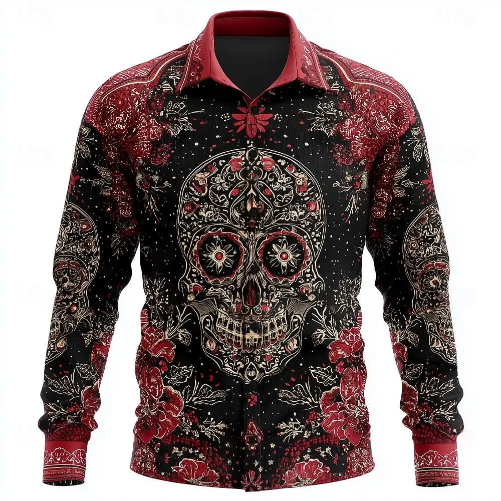 Camicia floreale con fiore del giorno dei morti con teschio da uomo Camicia stampata in 3D Camicia con bottoni Camicia casual a maniche lunghe Camicetta da strada per uomo