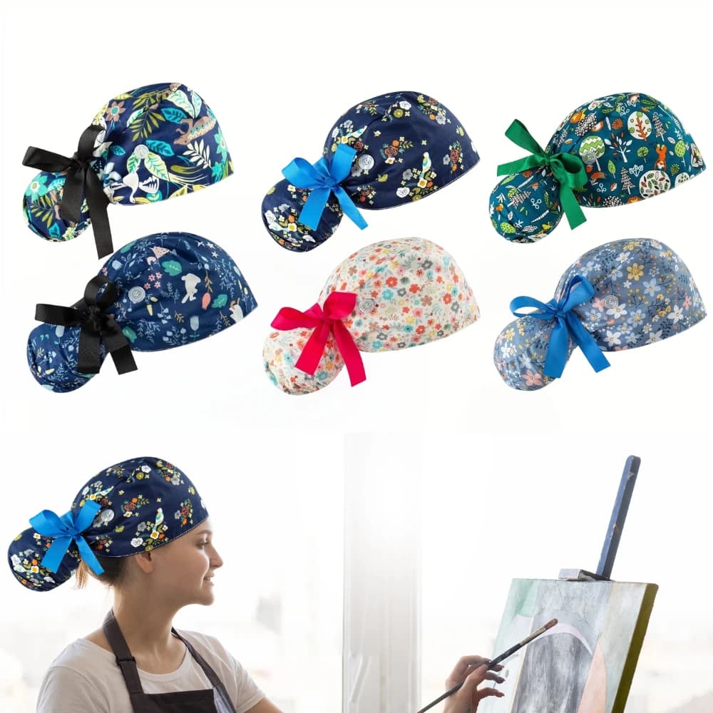 Set di 6 cappelli da lavoro per donna, cappelli bouffant con bottoni, cappelli da lavoro per dentisti, cappelli da infermiera, cappelli da lavoro regolabili