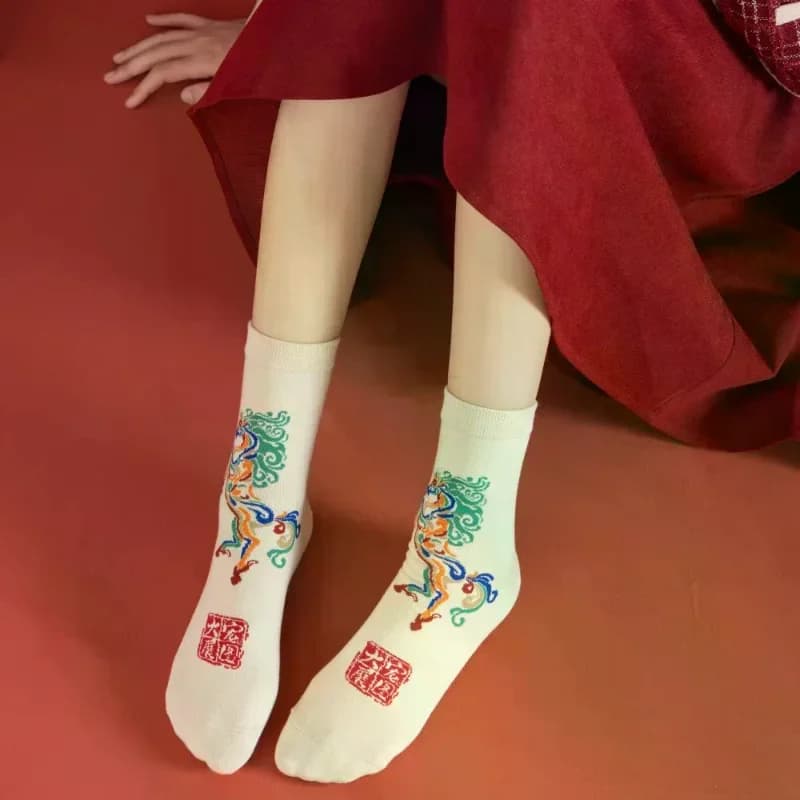 1Pair Cartoon Zodiac Horse New Year Socks For Men Women Versatile Mid-Tube Red Socks Autumn Winter Warm Socks Gifts