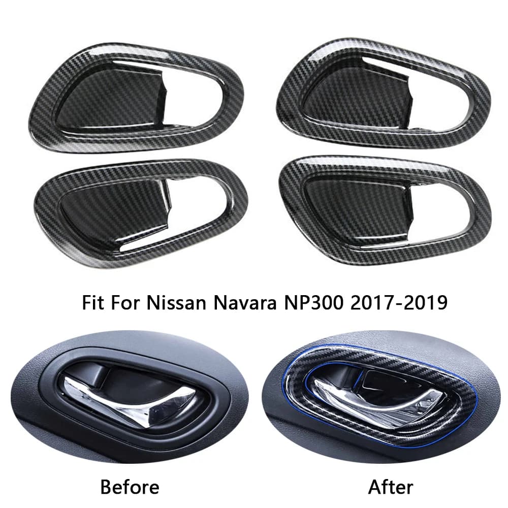 4pcs For Nissan Navara NP300 2017-2019 Carbon Fibre Car Inner Door Handle Bowl Protector Frame Cover Trim Sticker Accessories