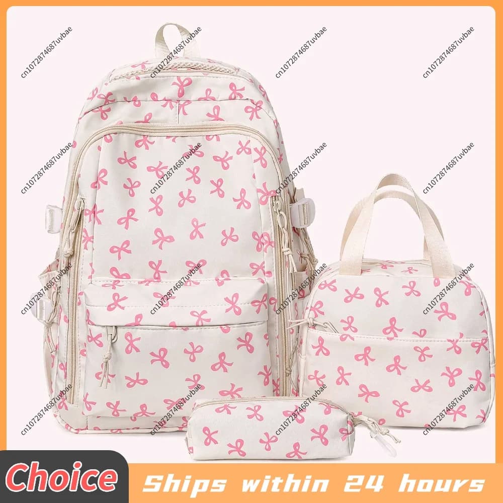Coquette Bow Cute Kawaii Backpack Set with Lunch Box and Pencil Pouch Aesthetic Preppy Backpack for Teens Girls Students