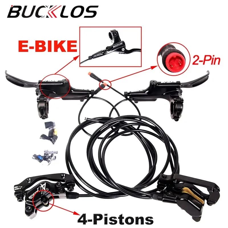BUCKLOS E-Bike Set freni a disco idraulici a 4 pistoni Ebrake Freni per biciclette scooter elettrico anteriori e posteriori Spegnimento Freni 1150/1950mm