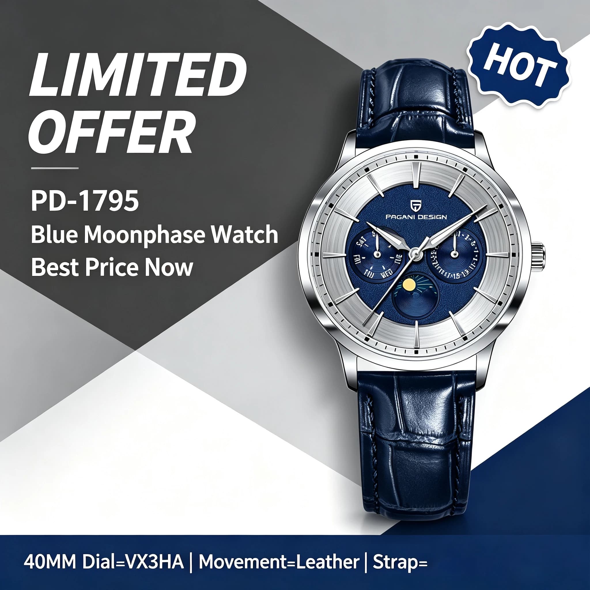 PAGANI DESIGN Men Quartz Watch Japan EPSON VX3HA Movement Moon Phase Wristwatch 40MM Sapphire PU Leather Strap Reloj Hombre