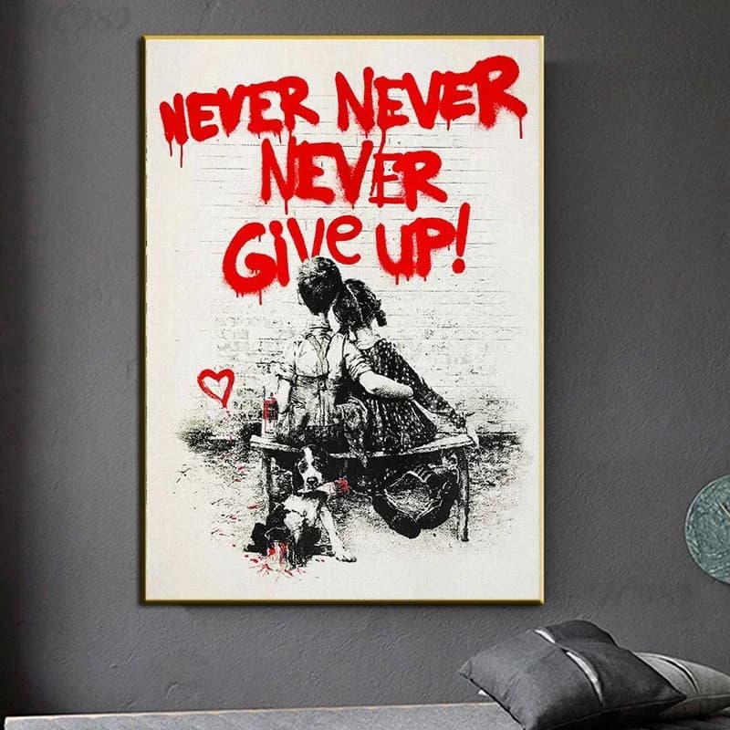 Banksy Graffiti Wall Art, Never Give Up, Pop Culture Art, Poster e stampe ispiratori, Street Art per Office Home Room De
