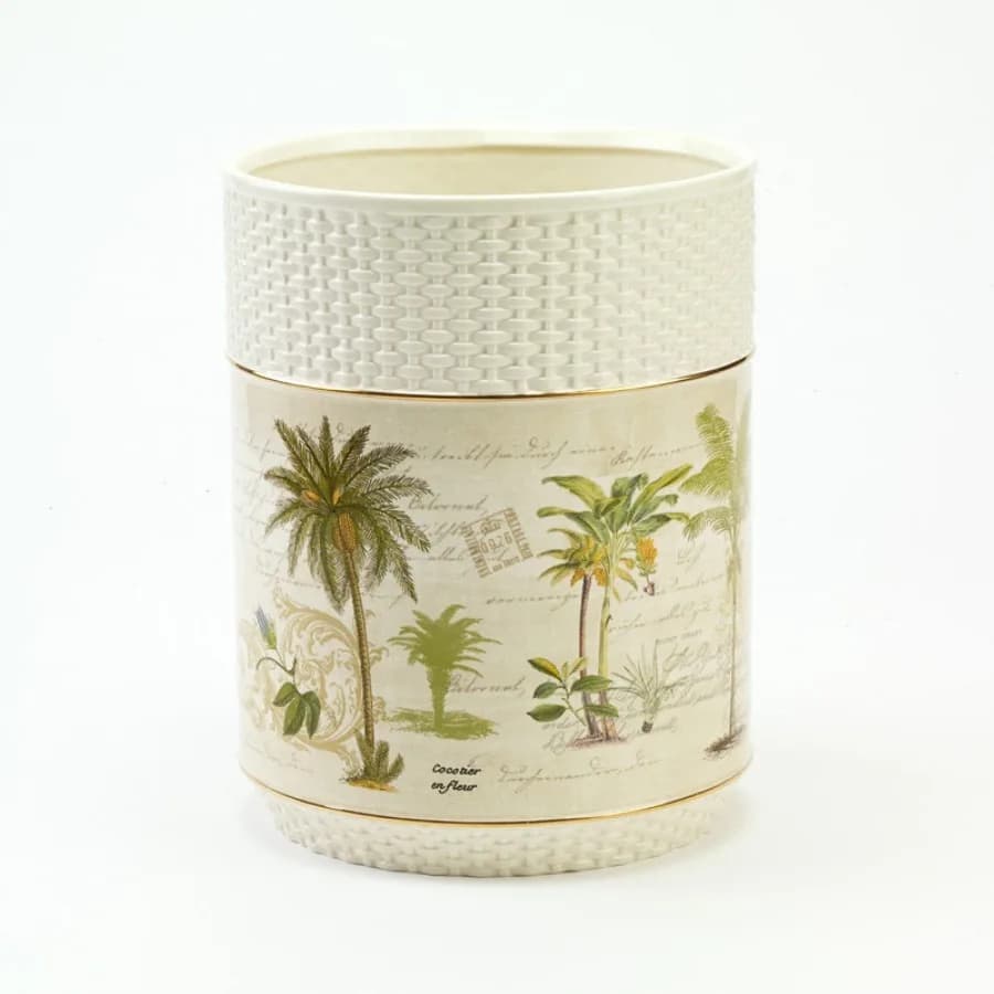 Colony Palm Waste Basket for bathroom use, woven palm fiber material, ivory color, eco-friendly and lightweight design