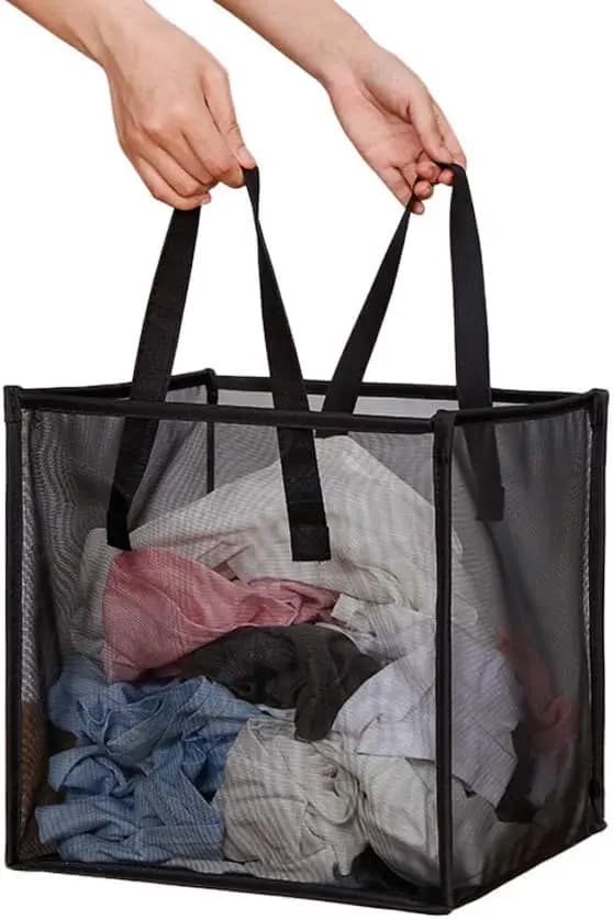 Borsa per Bucato Pieghevole in Rete con Manici per Casa, Dormitorio e Viaggio, Nera, Monostrato