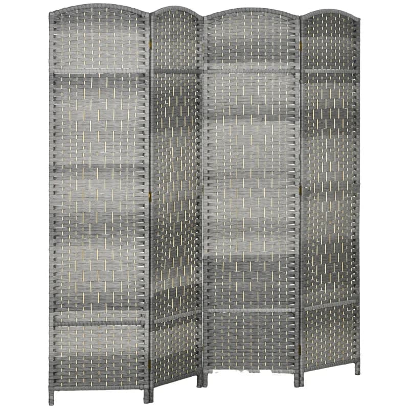 4 Panel Room Divider, 6' Tall Folding Privacy Screen, Hand-Woven Freestanding Wood Partition for Home Office, Bedroom, Mixed Gray