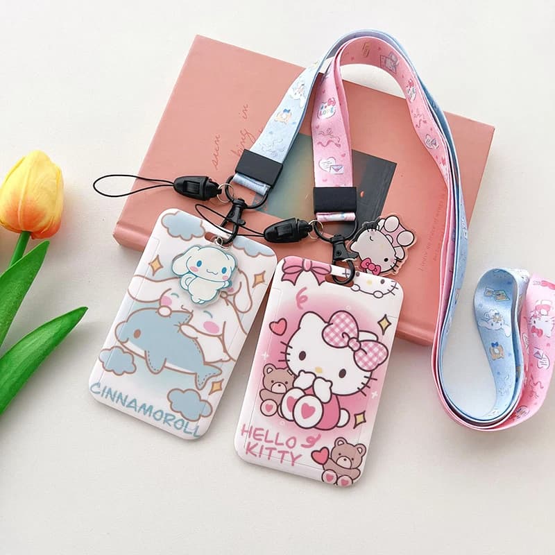 Sanrios Kawaii Hellokittys Kuromi Porta carte per pianoforte Corda lunga Distintivo Cordino Studente Carta di accesso protettiva Porta passaggio bus Regali