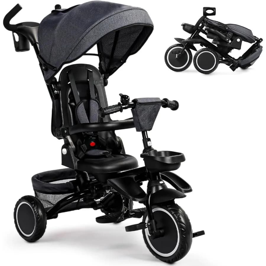 Triciclo pieghevole Trike per bambini 8 in 1 con baldacchino rimovibile e regolabile Maniglia per genitori Imbracatura di sicurezza a 5 poli Passeggino per bici per bambini