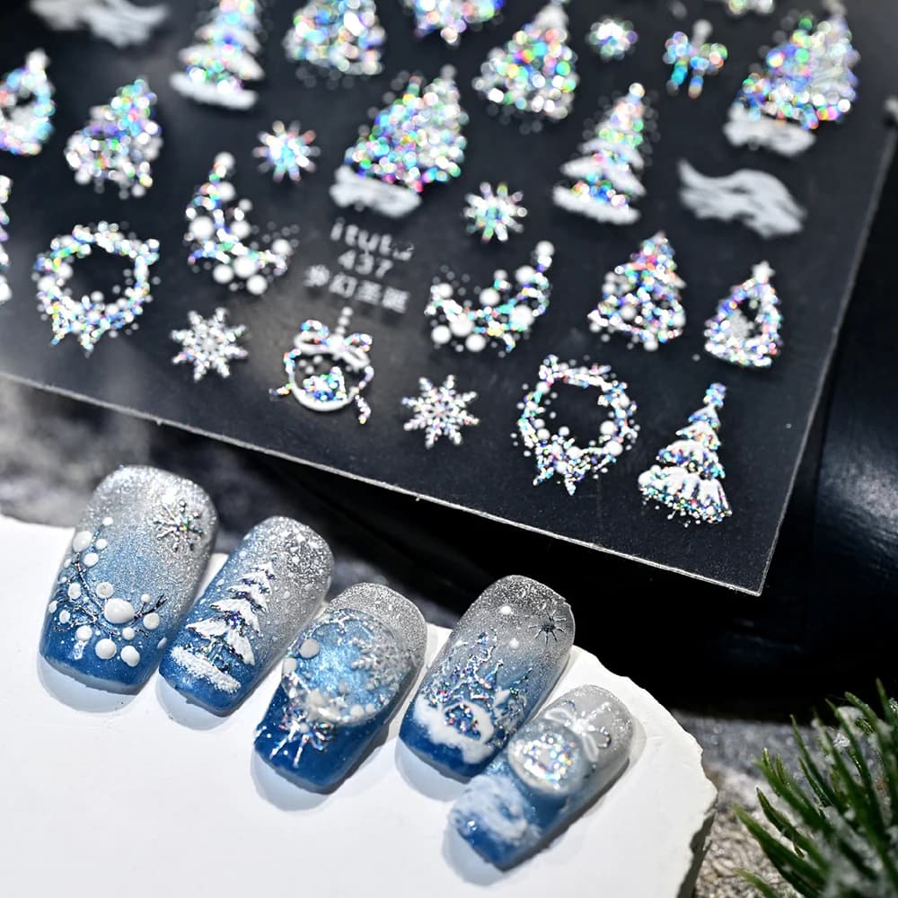 1 pz Lusso Bronzing-5D Natale Nail Art Adesivi con Rilievo 3D Neve Palle di neve Fiocco di neve Albero di Natale Capodanno Decalcomanie per manicure #