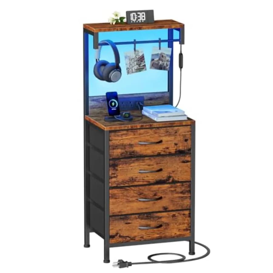Night Stand with Charger Station 38'' Tall Bedside Table with 4 Fabric Drawers LED Lights Rustic Brown Wood Shelves Metal Frame