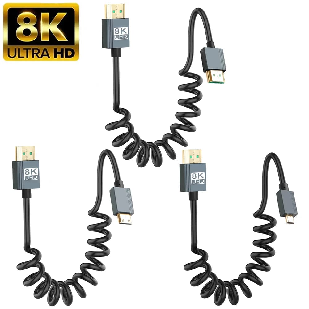 Cavo 8K UHD 2.1 Standard HD Mini-HD Micro-HD Cavo flessibile con arricciatura elastica a molla per PC Telefono Tablet Fotocamera Monitor DV HDTV