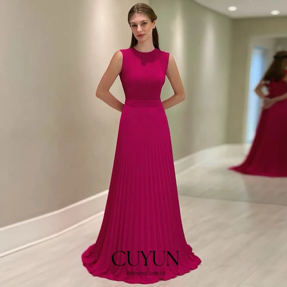 CUYUN Hot Pink O-Collo senza maniche abiti da sera pieghettati personalizzati A Line elegante abito formale abiti da compleanno per donna 2025