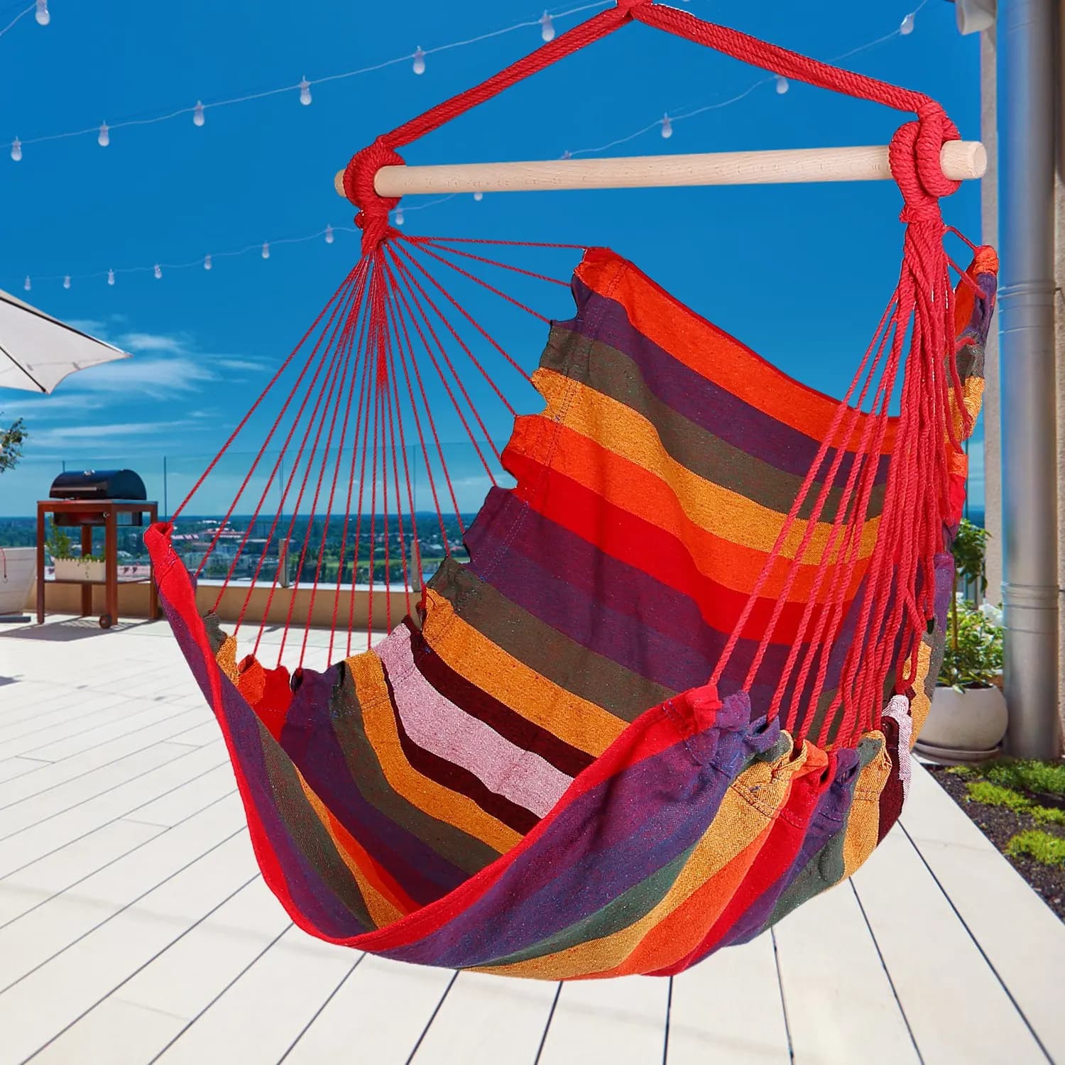 Amaca Suspended Chair Tela Portico Patio Altalena Portable camping seat in rope Amaca chair with wooden stick with 2 pillows 265LBS