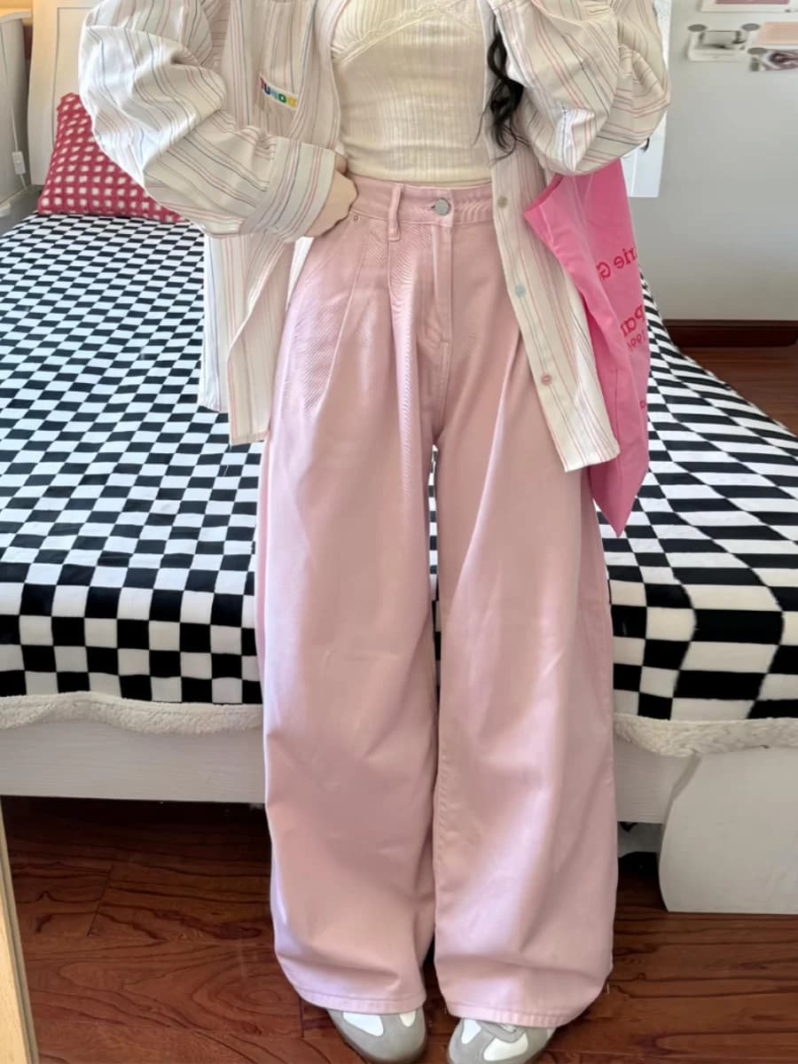 Pink High Waist Pleated Straight Leg Jeans Women's Spring Autumn Loose Slimming Wide Leg Pants Casual Fashionable Denim