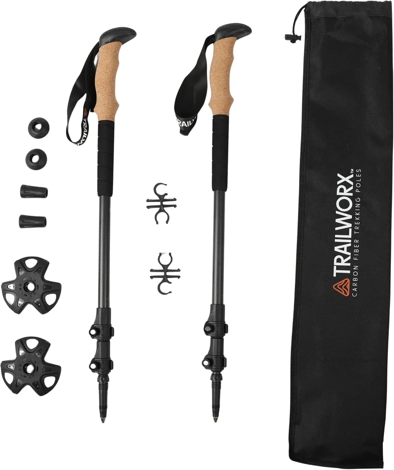 3K carbon fiber folding trekking poles, adjustable trekking poles with cork handle, EVA handle, snow/fango baskets, transport bag and Cl