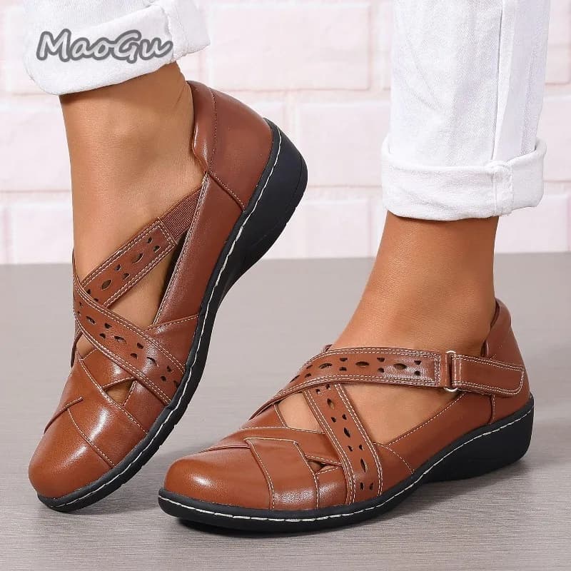 Women's Cutout Cross Strap Closed Toe Sandals Adjustable Strap Wedge Casual Shoes Comfort Elderly Mother Daily Footwear Size 45