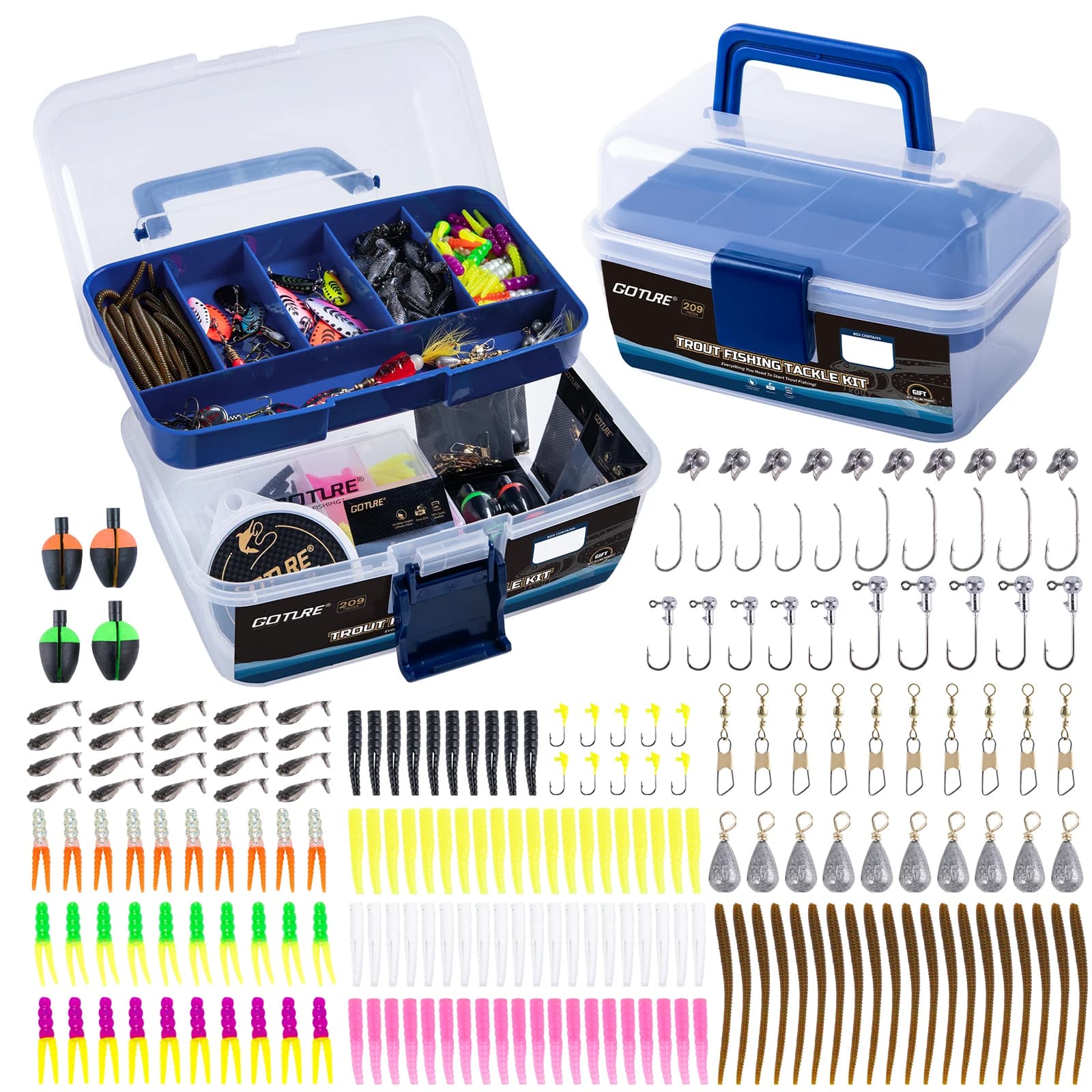 Goture 209/281pc Portable fishing gear box with equipment included Trout fishing bait kit with removable FishingGear compartments