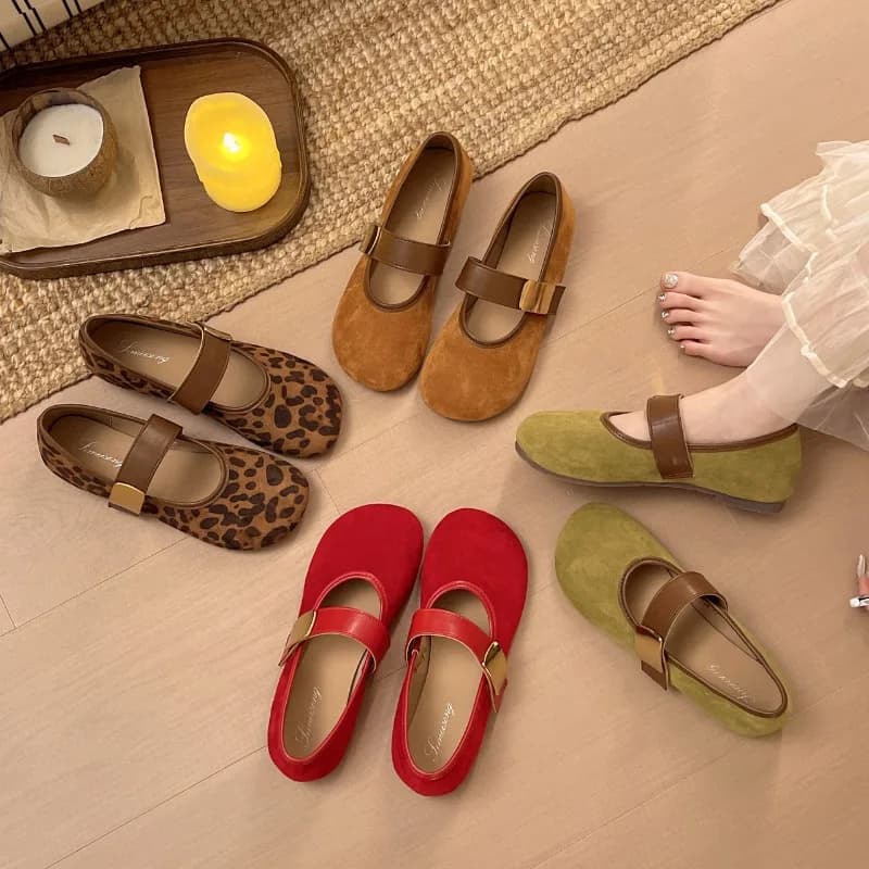 Mary Jane Shoes Women Suede Ballet Flats Round Toe Buckle Strap Ladies Low Heel Loafers Comfortable Walking Shoes Zapatillas