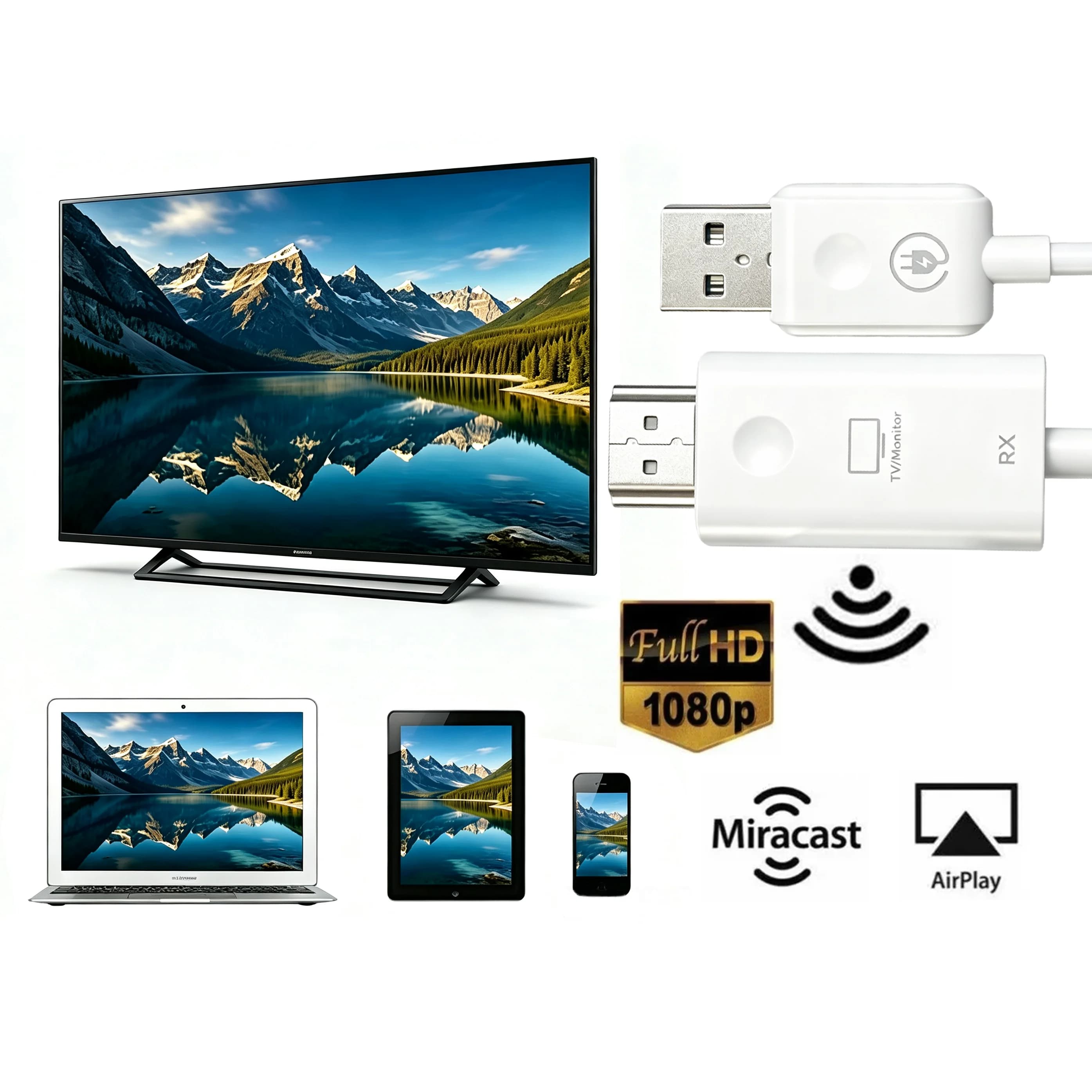 Wireless Display Dongle 1080P Screen Mirroring Cable Direct Peer to Peer Casting Miracast AirPlay for HDTV Monitor Projector