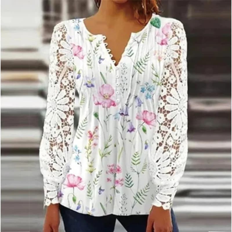 2023 Casual primavera estate camicia donna Vintage bottone scollo a V scava fuori fiore pizzo manica lunga camicetta top moda Pullover