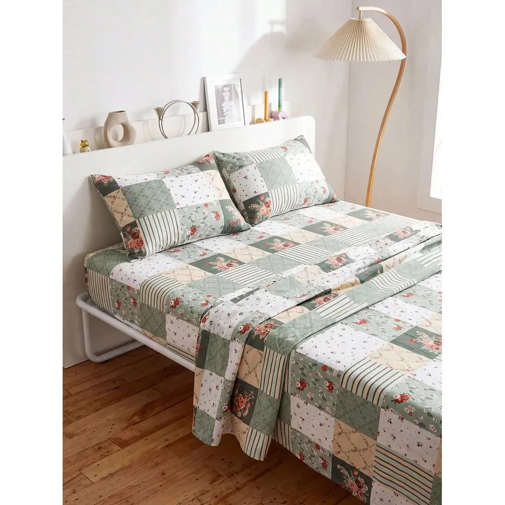 Green Plaid Plant Daisy Rose Pattern Bedding Set, Includes 1 Fitted Sheet, 1 Flat Sheet And 2 Pillowcases, Pillow Inserts Not I