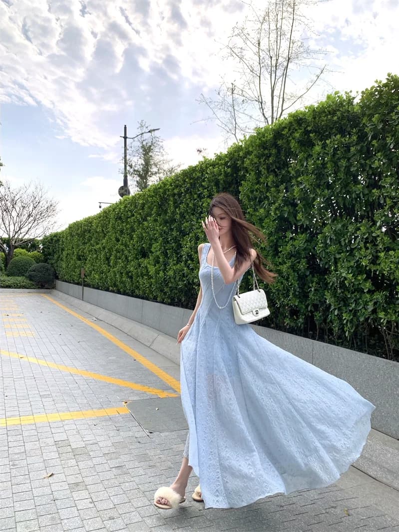 Summer Blue Strapless Dress Women's A-Line Holiday Beach Waist-Cinching Slimming Gown Commute Style Lace Detail No-Sleeve Lon...