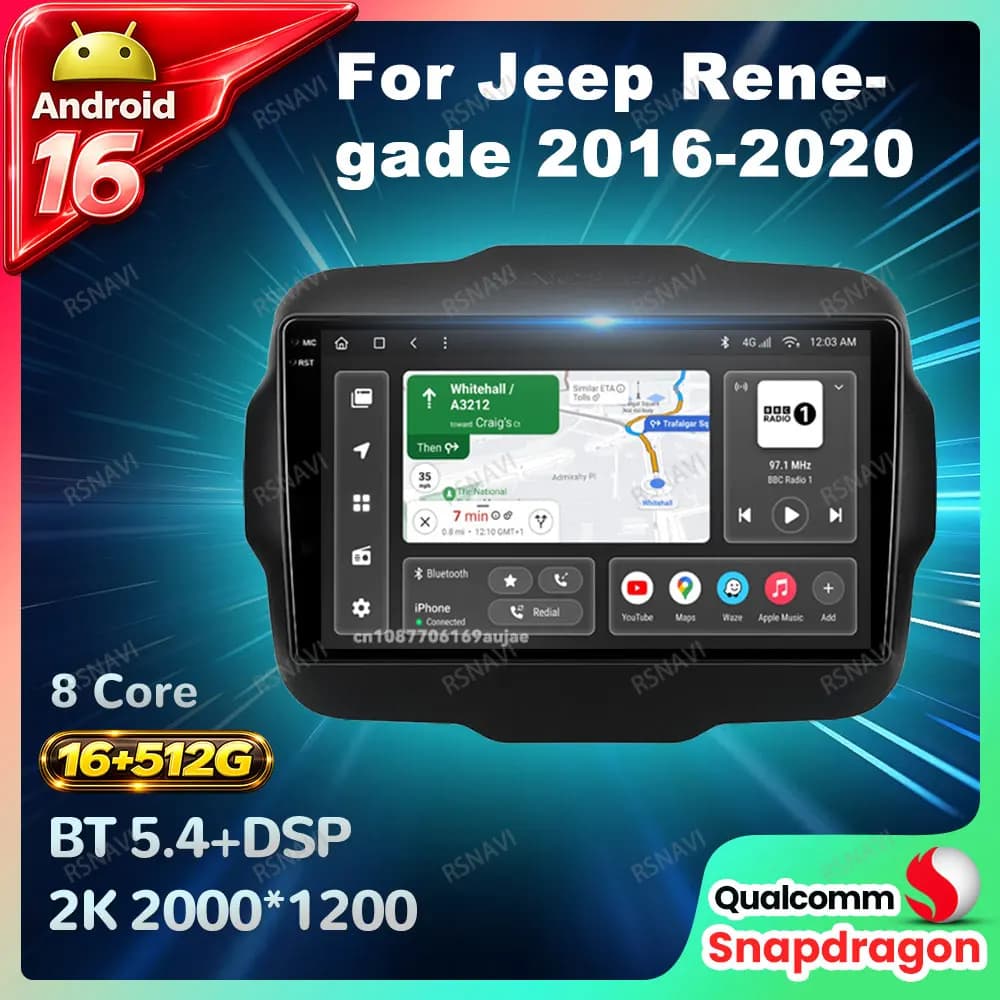 Car Radio Android 16 For Jeep Renegade 2016-2020 Stereo Autoradio Wireless Carplay Auto 4G LTE DVD DSP Head Unit 5G WIFI BT QLED