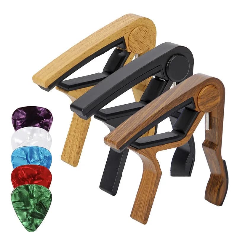 Capotasto per Chitarra in Lega di Zinco con 5 Plettri Effetto Legno per Chitarra Acustica/Elettrica e Ukulele
