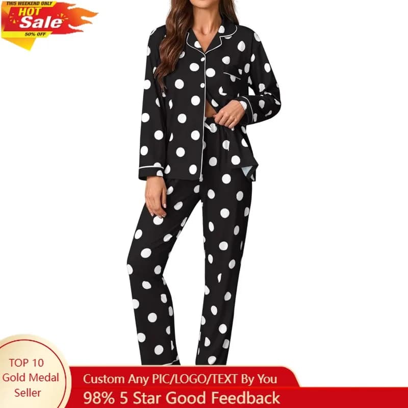 Women's Pijama 2-piece seating set Long-sleeved seating set with buttons Cute polka dot pajamas Soft pajamas, chest pocket
