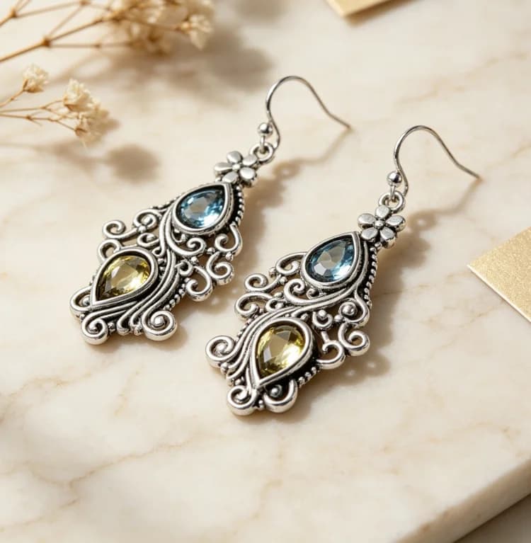 Vintage Antique Silver Filigree Dangle Earrings, Ornate Swirl Design Inlaid with Teardrop Blue and Yellow Crystals, Bohemian Style Hook Drop Jewelry