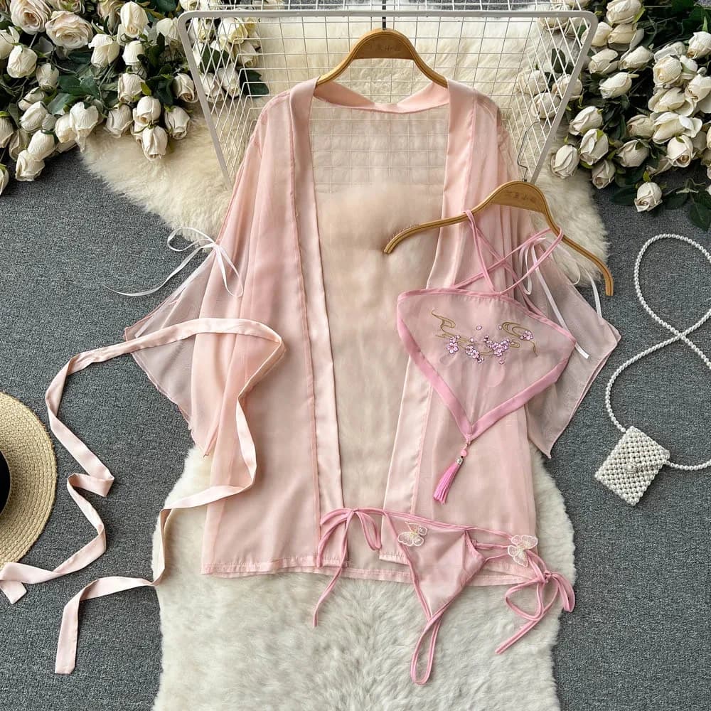 Embroidery Hanging Neck Short Top Tassel Pendants Stripe Sexy Elegant Cosplay Costume Chinese Pajamas For women 3 Piece Set