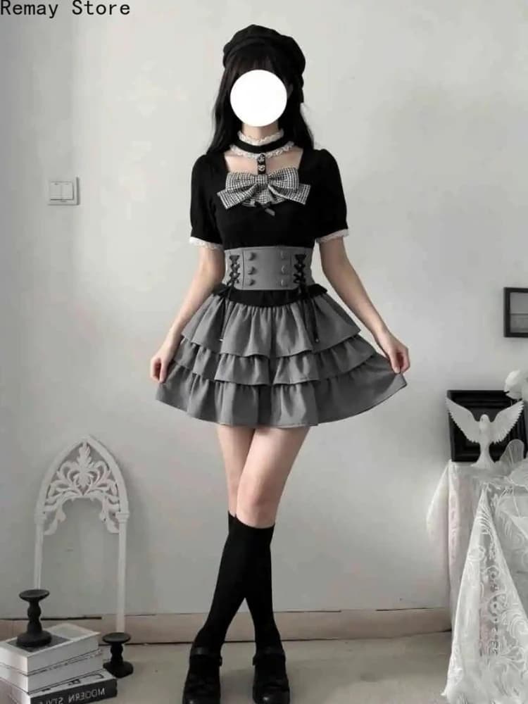 Japanese Sweet Lolita 2 Pieces Sets Women Puff Sleeve High Waist Shirt + Lace Plaid Bow Ruffled Skirt Kawaii Y2k Korean Outfits