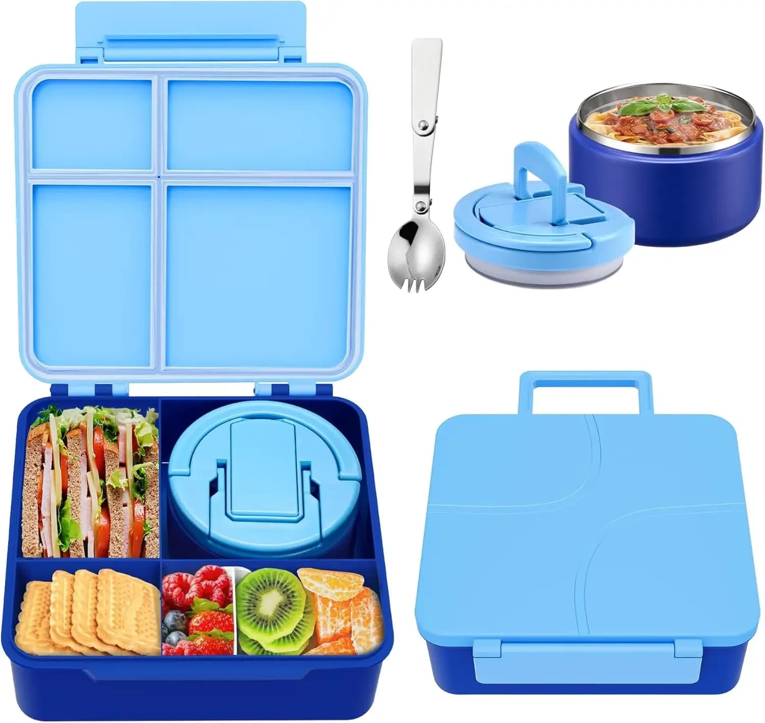 Lunch Box per bambini a tenuta stagna con zuppa termica da 8 once, 4 scomparti, barattolo per alimenti caldi isolato per la scuola e i viaggi in blu