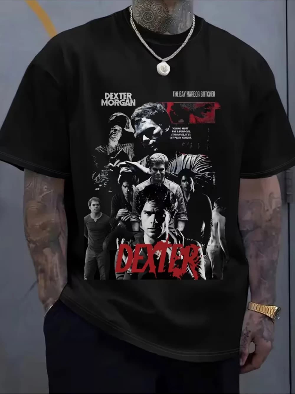 T-shirt grafica da uomo a tema Dexter con schizzi di sangue e stampa Morgan, casual a maniche corte, estiva, ispirata alla cultura pop TV