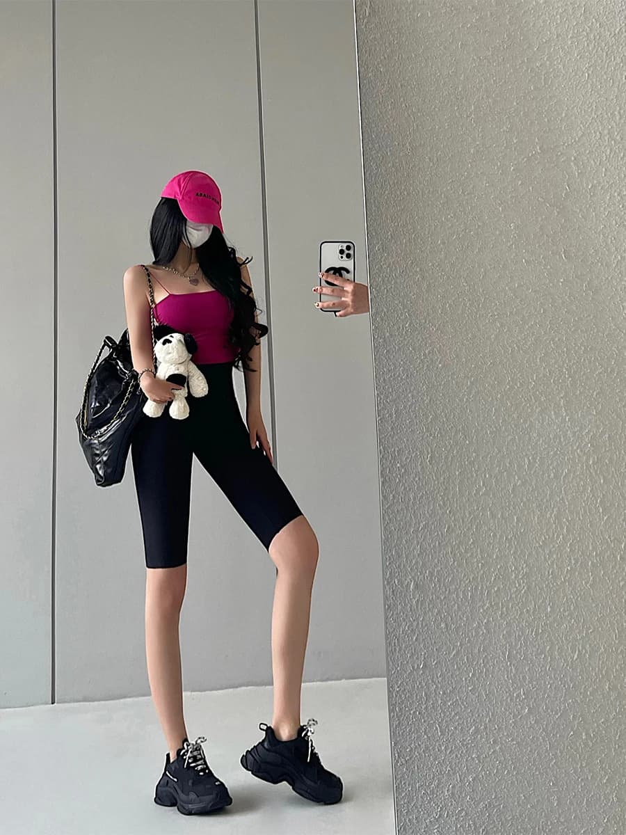 Pantaloncini Sportivi da Donna a Vita Alta in Tessuto Sharkskin, Modello Cinque Punti, Effetto Push-Up e Snellente, Aderenti, per Ragazze Giovani