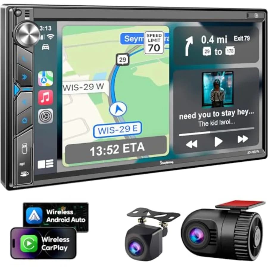 Autoradio 2 DIN con Dash Cam - Controllo Vocale CarPlay Android Auto Comandi al Volante Touchscreen HD 7 Pollici Telecamera di Retromarcia