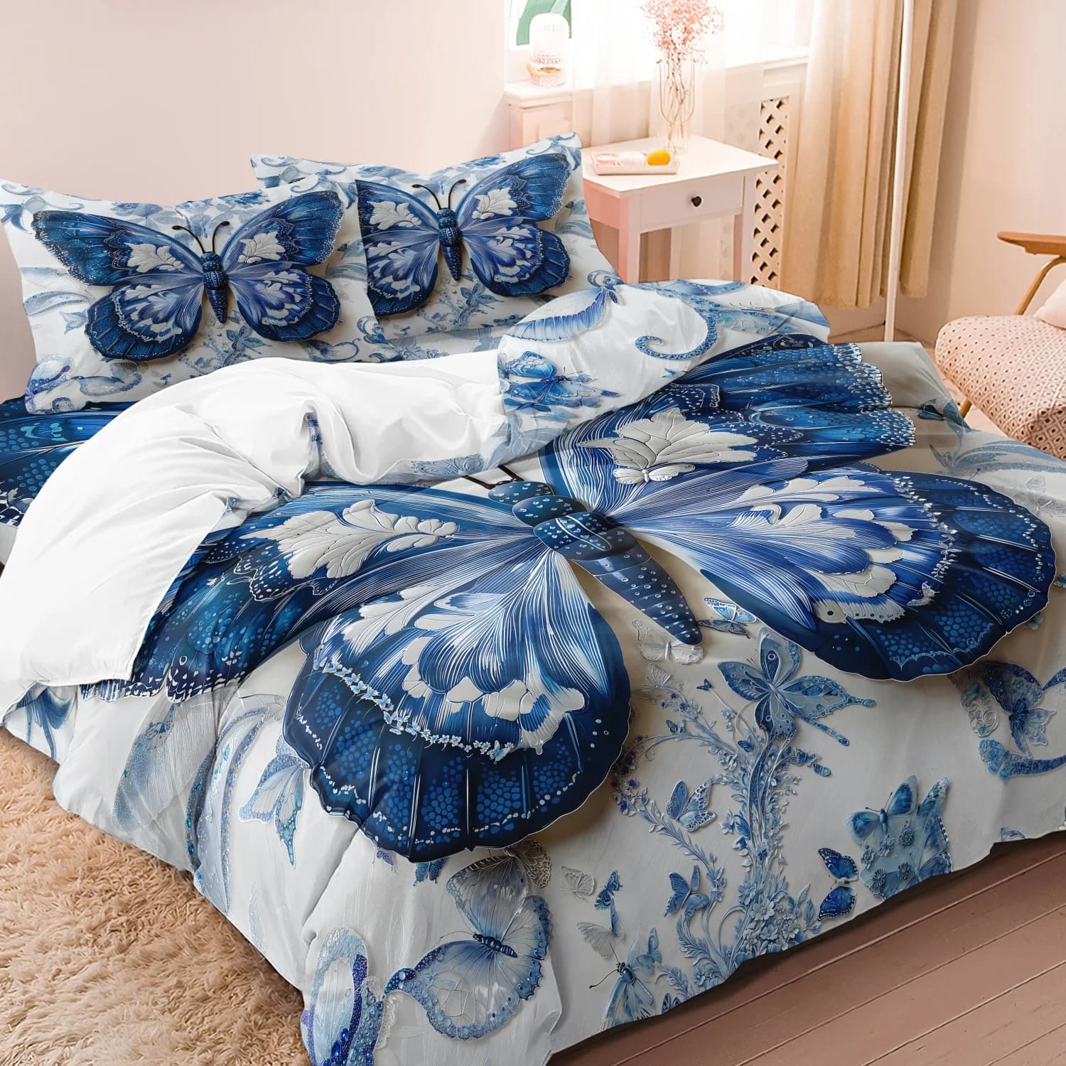 Set copripiumino con motivo a farfalle e fiori in bianco e nero, 3 pezzi, stampa digitale ad alta definizione, lavabile in lavatrice