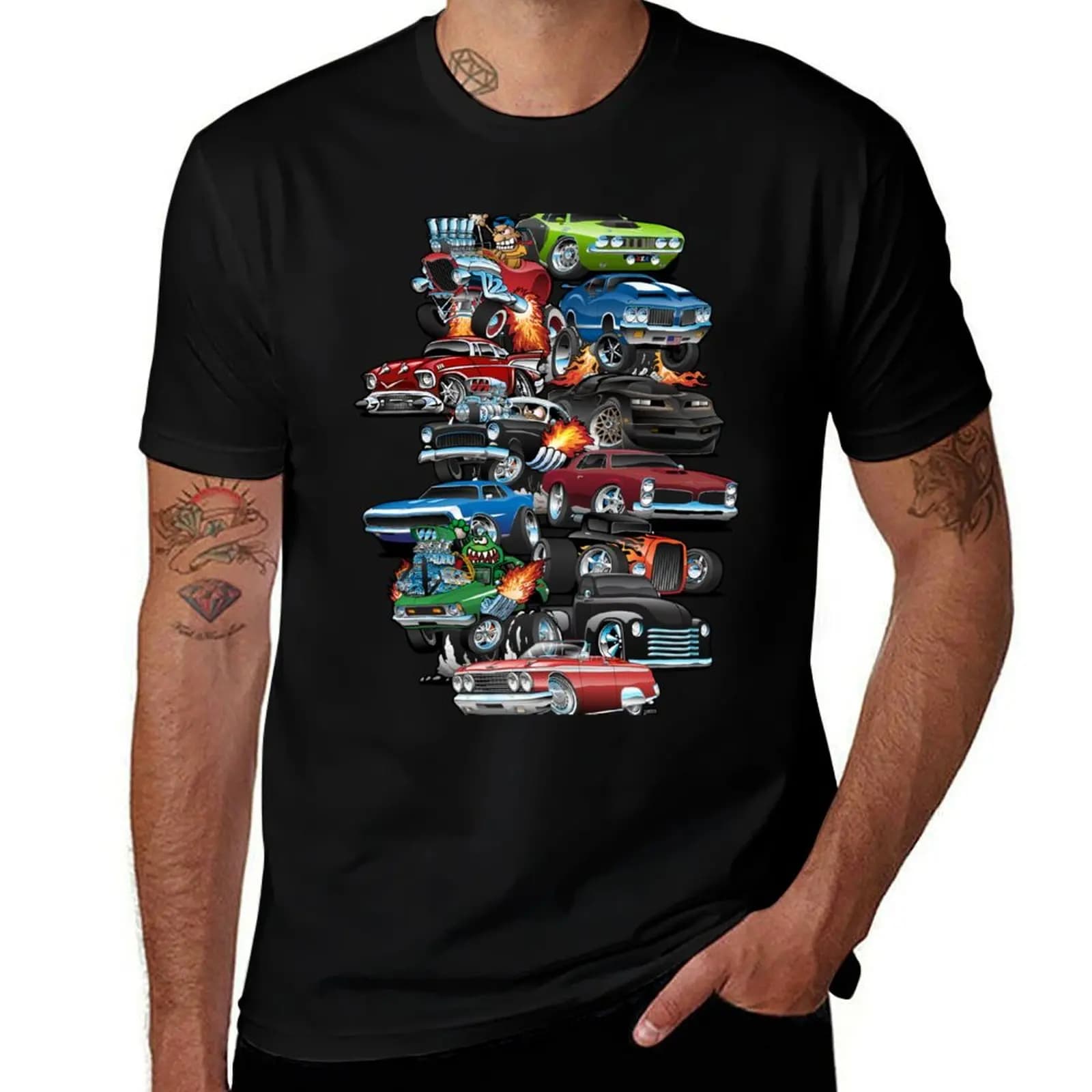 Pazzia per le auto! T-shirt con stampa di auto sportive e hot rod, ad asciugatura rapida, per la pesca