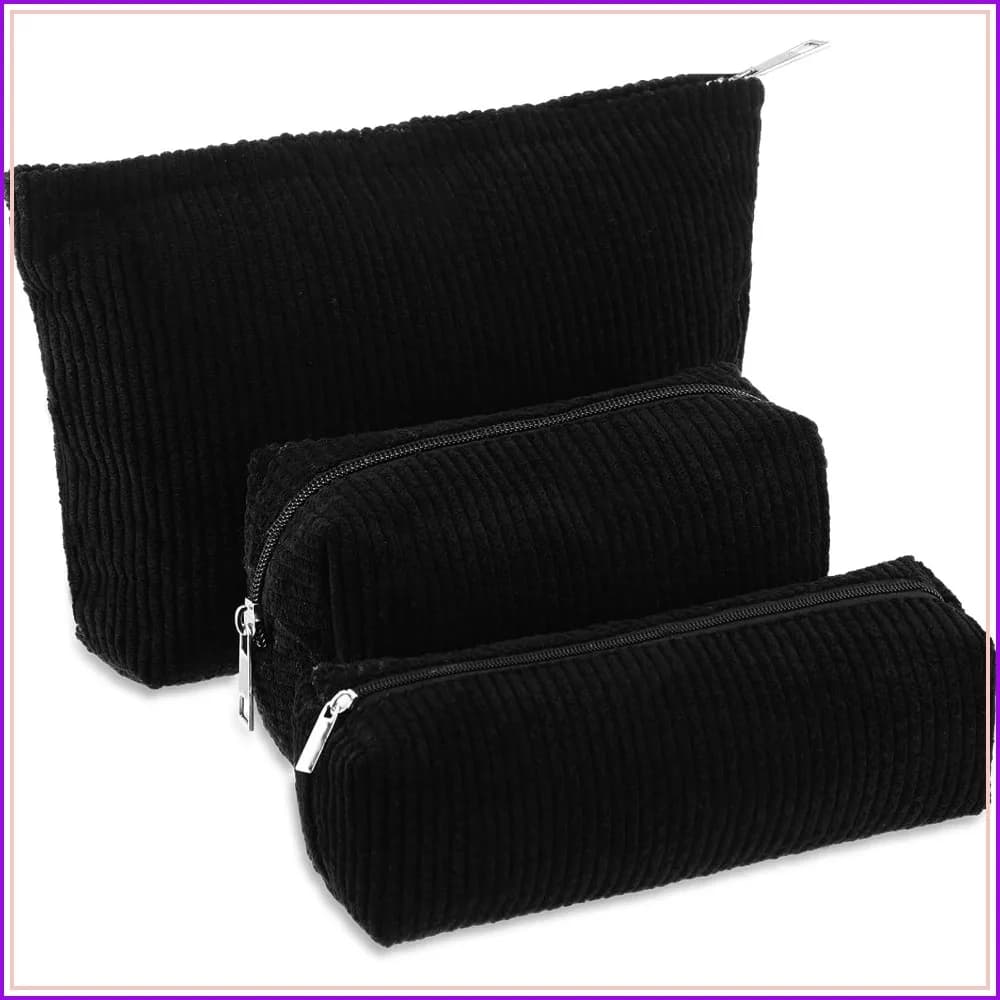 3 Pcs Corduroy Makeup Bag Set Aesthetic Smile Travel Toiletry Bag Cute Pencil Case Makeup Brushes Organizer with Zipper