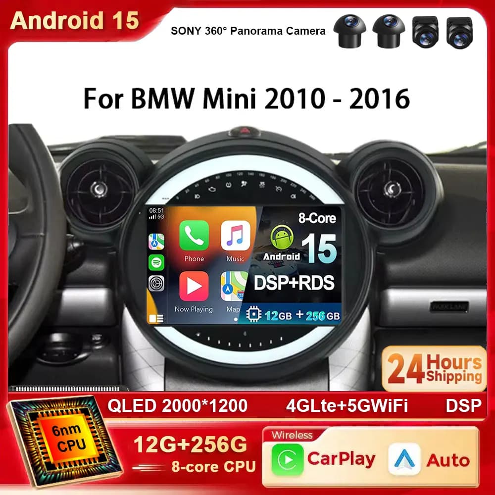 Android 15 Per BMW Mini 2010 - 2016 2K Carplay Autoradio Lettore video multimediale Navigazione stereo GPS 4G WIFI BT DSP dvd