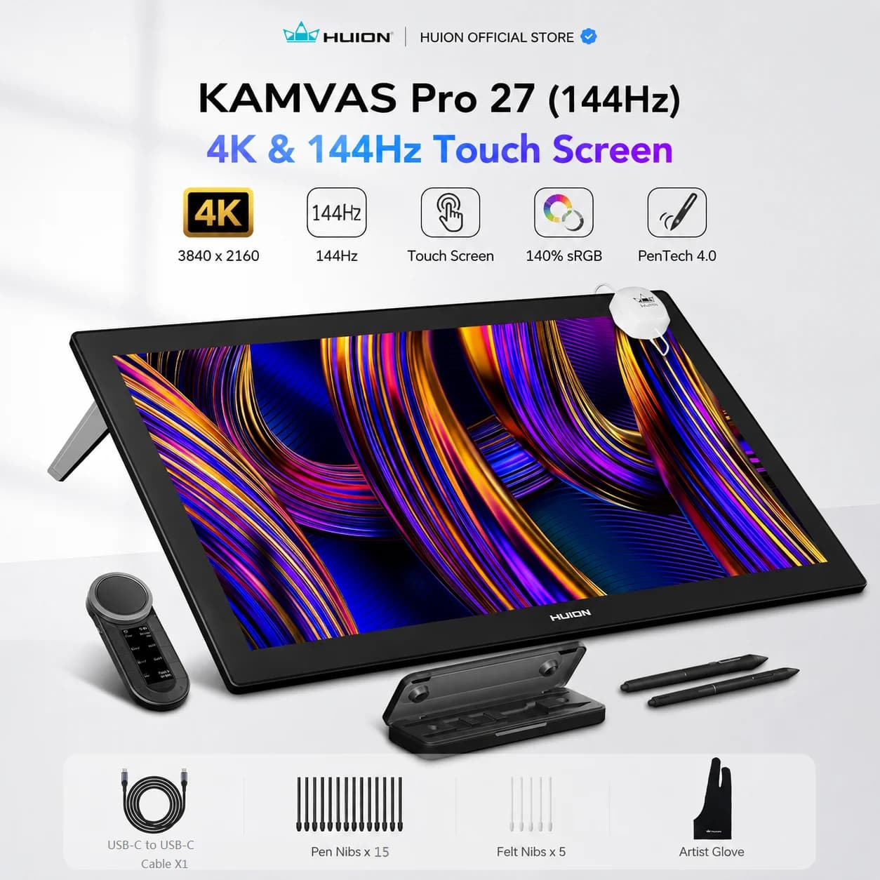 HUION KAMVAS Pro 27 (144Hz) 4K UHD Drawing Tablet with Screen, PenTech 4.0 Stylus 16384 Pen Pressure with Keydial Remote