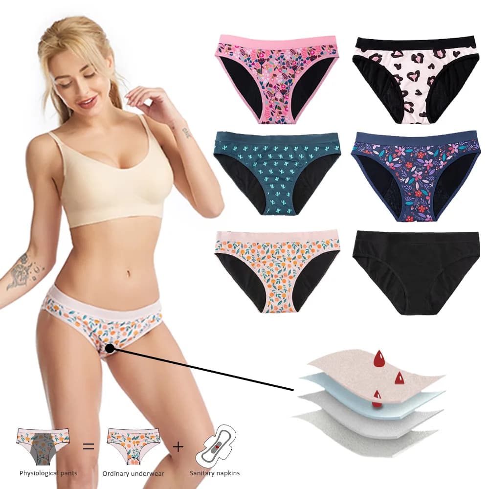 Women Cotton Menstrual Underwear Mid‑Rise Printed Triangle Panties 4‑Layer LeakProof Crotch Breathable Reusable Period Underwear