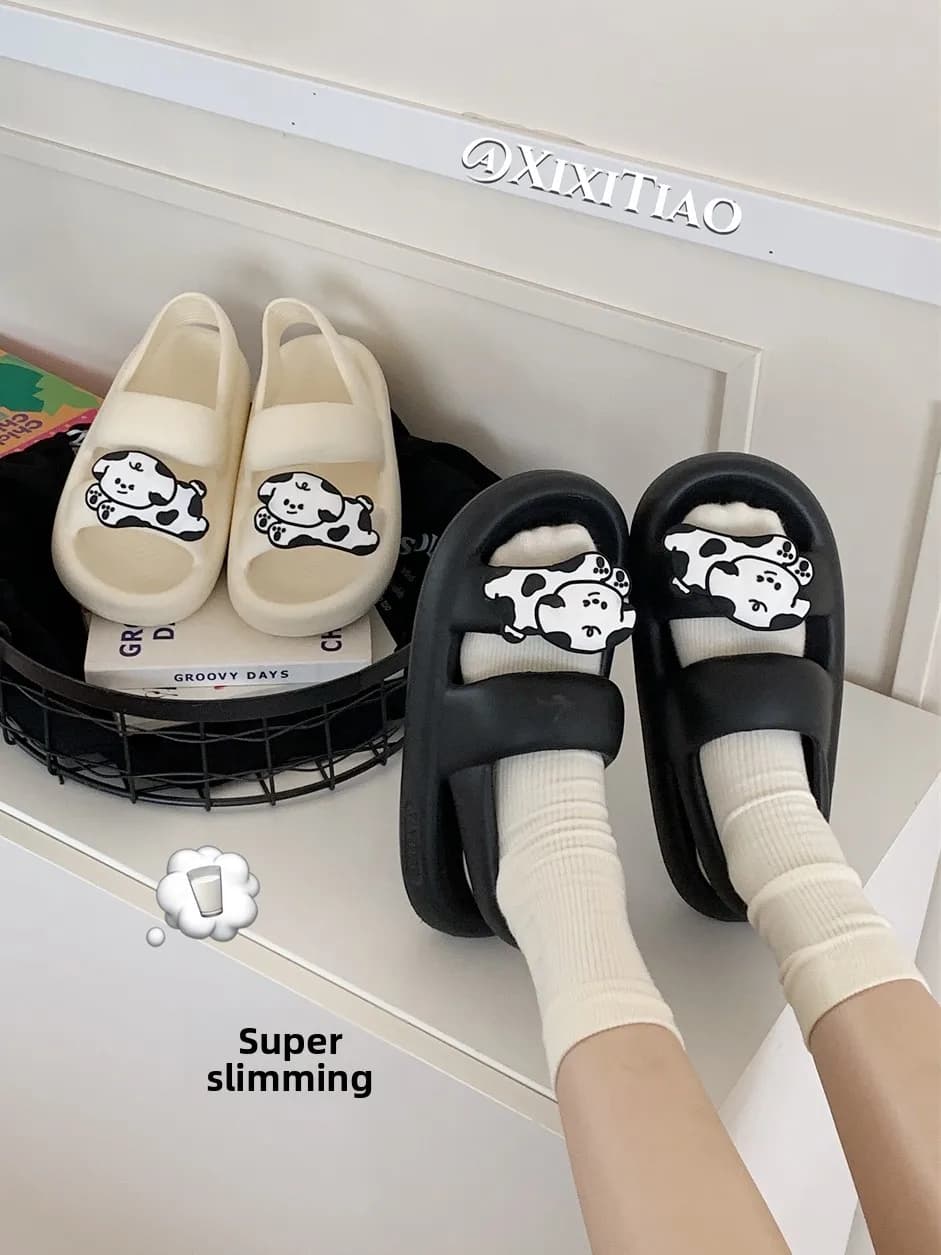Spot Pattern Dog Summer Outdoor Sandals Cute Thin Striped EVA Fashionable Beach Shoes Low Heel Flat Bottom Ladies Slippers